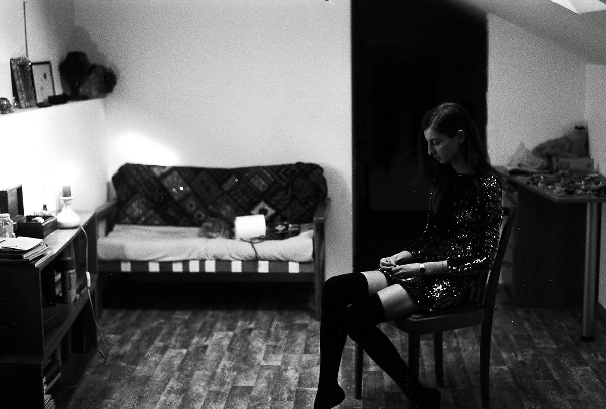 portrait girl female black and white analog monochrome dark sequin dress