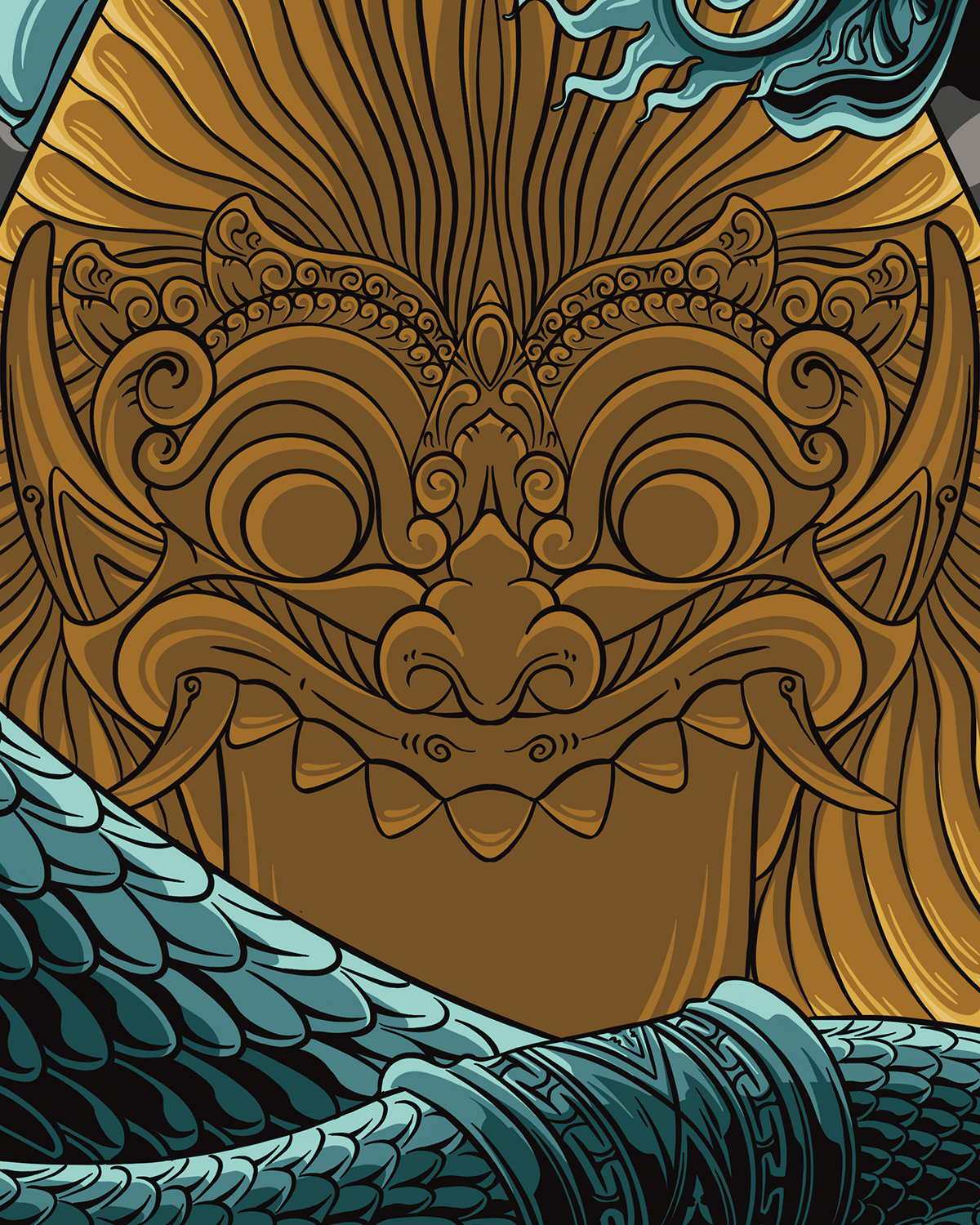 dragon pupet fantasy barong balinese tattoo gold snake retrodesign animation 