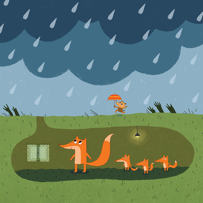 Illustration of foxes and dog with umbrella on a rainy day. 