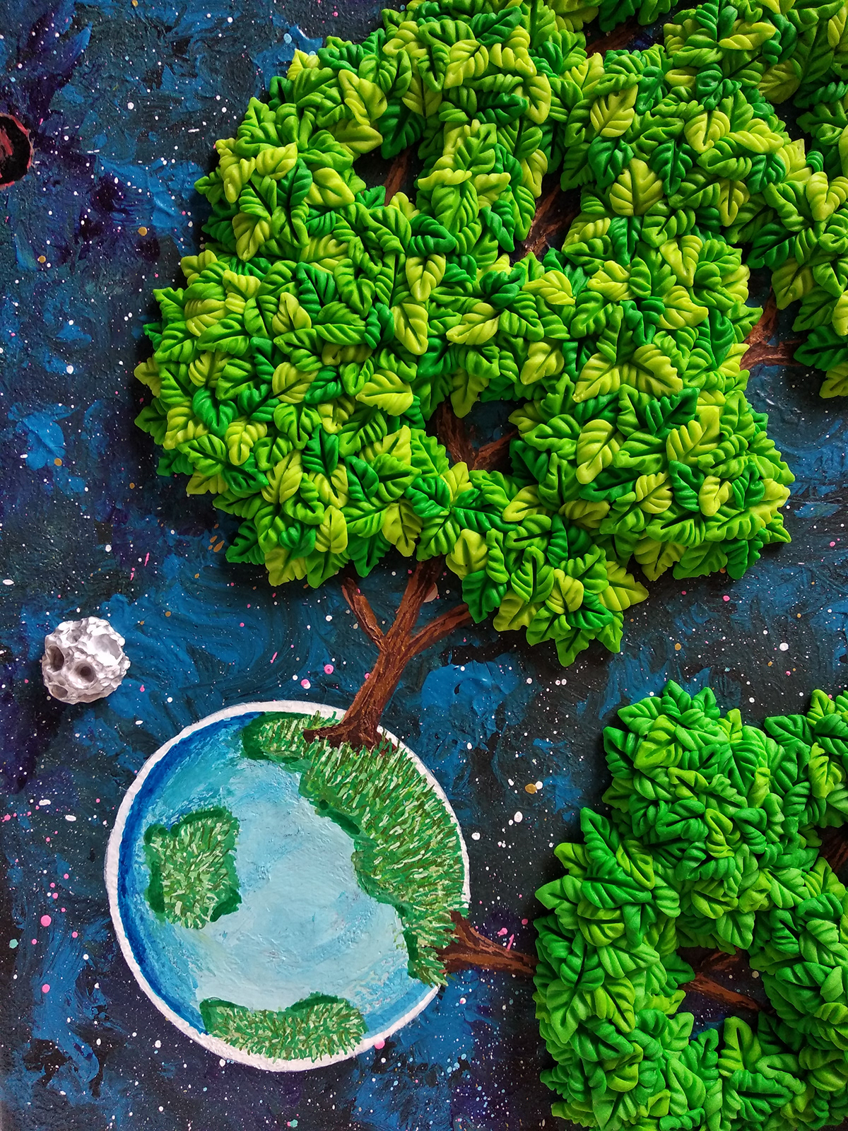 Tree  Space  planet blue green moon fimo Plasticine polymer clay acrylic painting