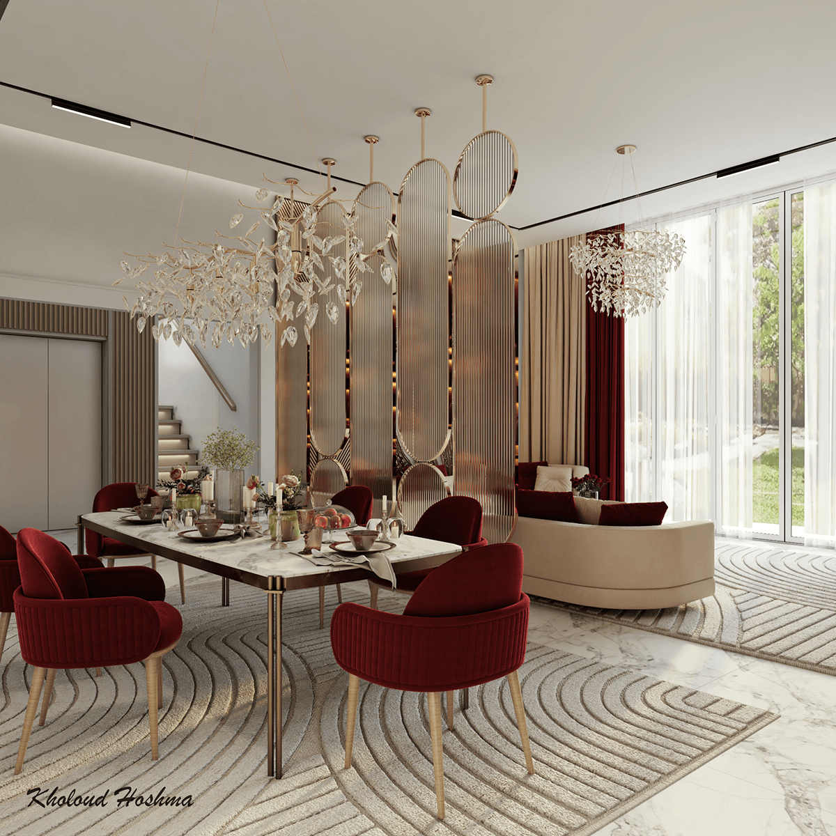 elegant luxury modern design 3ds max interior design  gold velvet living room red