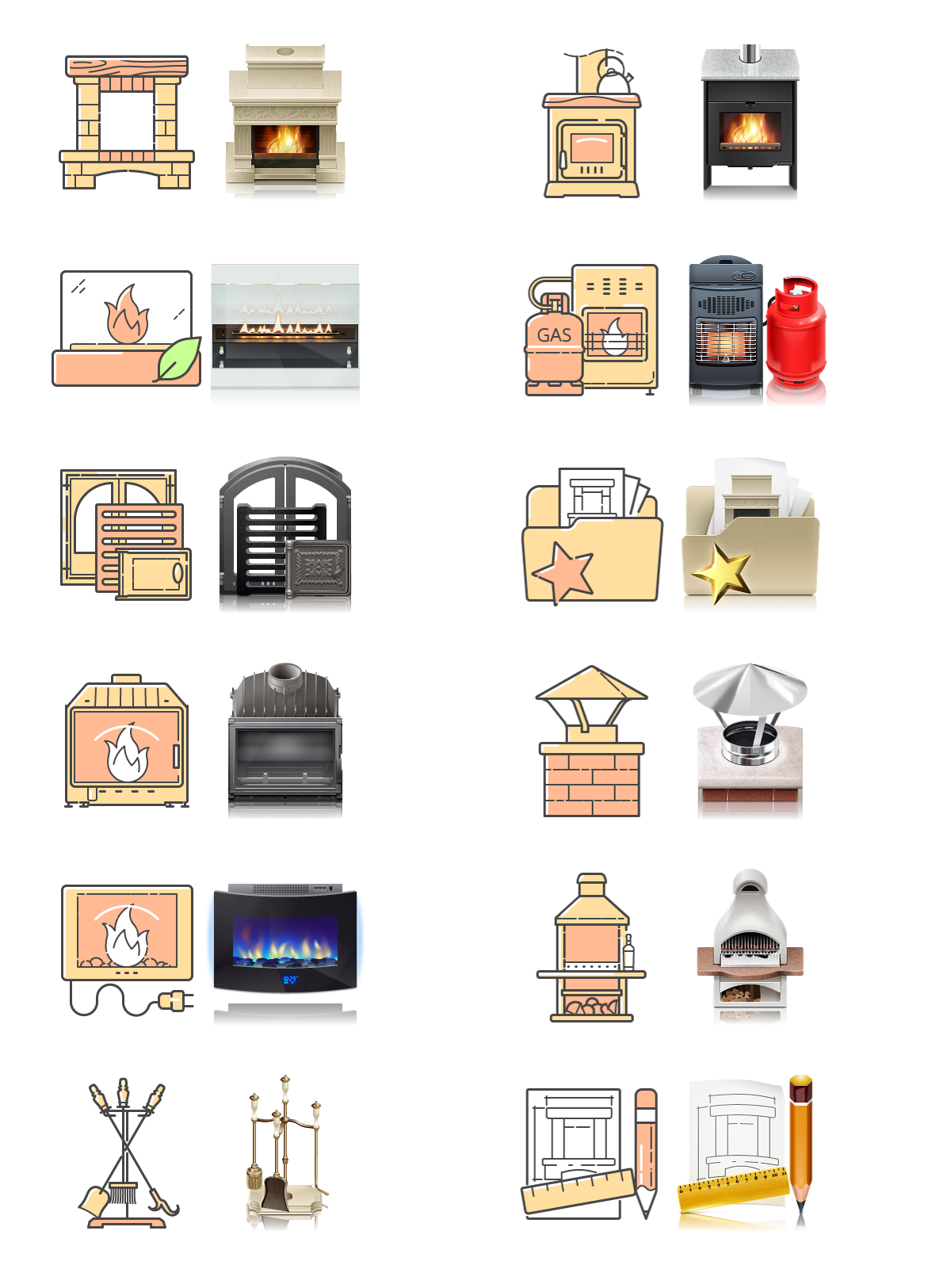 fireplace filled outline photorealistic Icon Illustrator