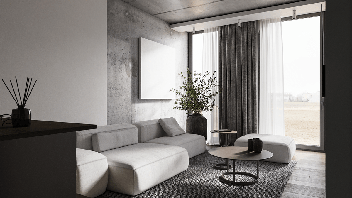 architecture contemporary cozy industrial kitchen livingroom modern rendering Vizualization