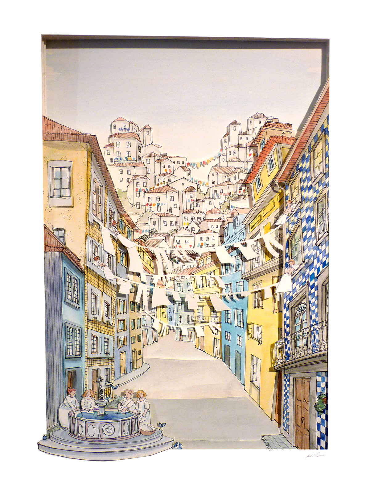 city Cities watercolor imaginary story paint people houses tower house