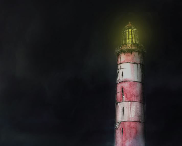 lighthouse fineliner watercolour photo manipualtion digital collage waves storm dark learning clouds