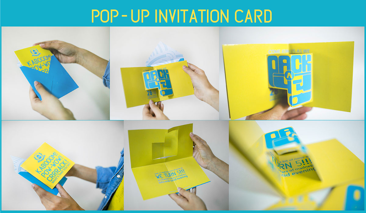 Pack-A-Panch Pack-A-Punch Exhibition  Bombay design house Elements of five five fifth anniversary design exhibition brochure Creative Brochure invitation cards Pop-Up Cards Branding collaterals yellow and blue experimental
