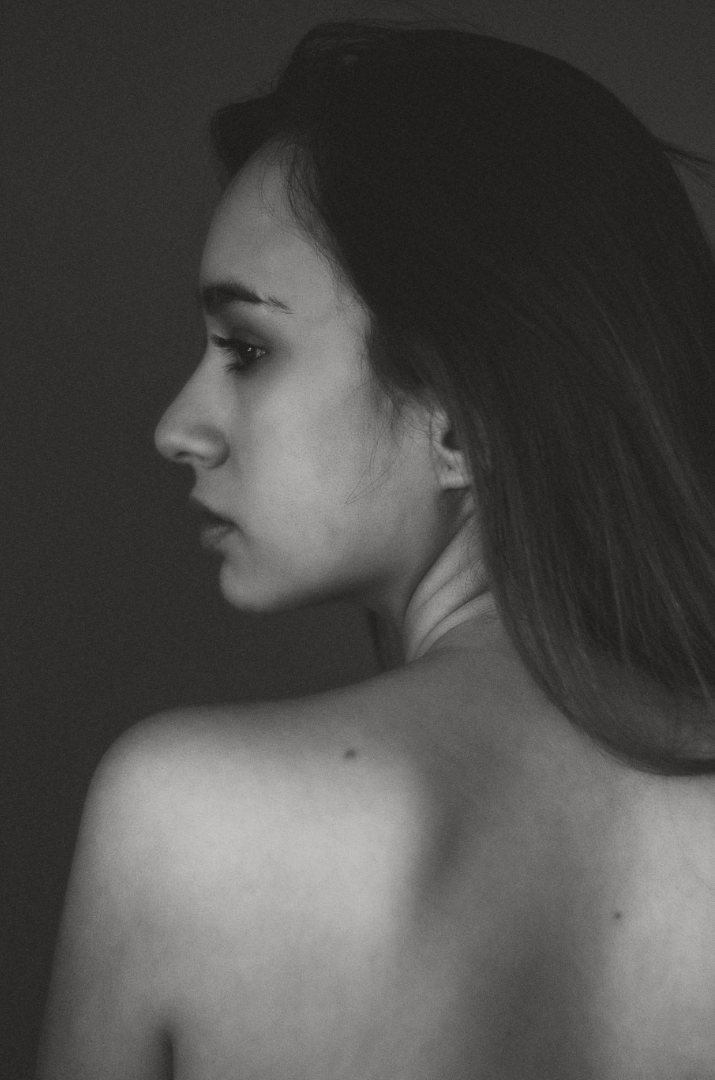 portrait black and white Vulnerable model woman grain natural