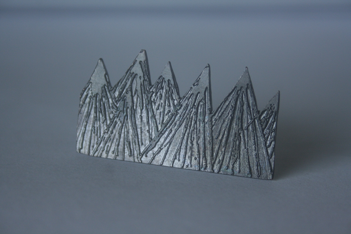 etch etching brooch pin pins Jewellery ncad design mountains aliceodwyer alice o'dwyer alice o dwyer craft design oxidised copper silver