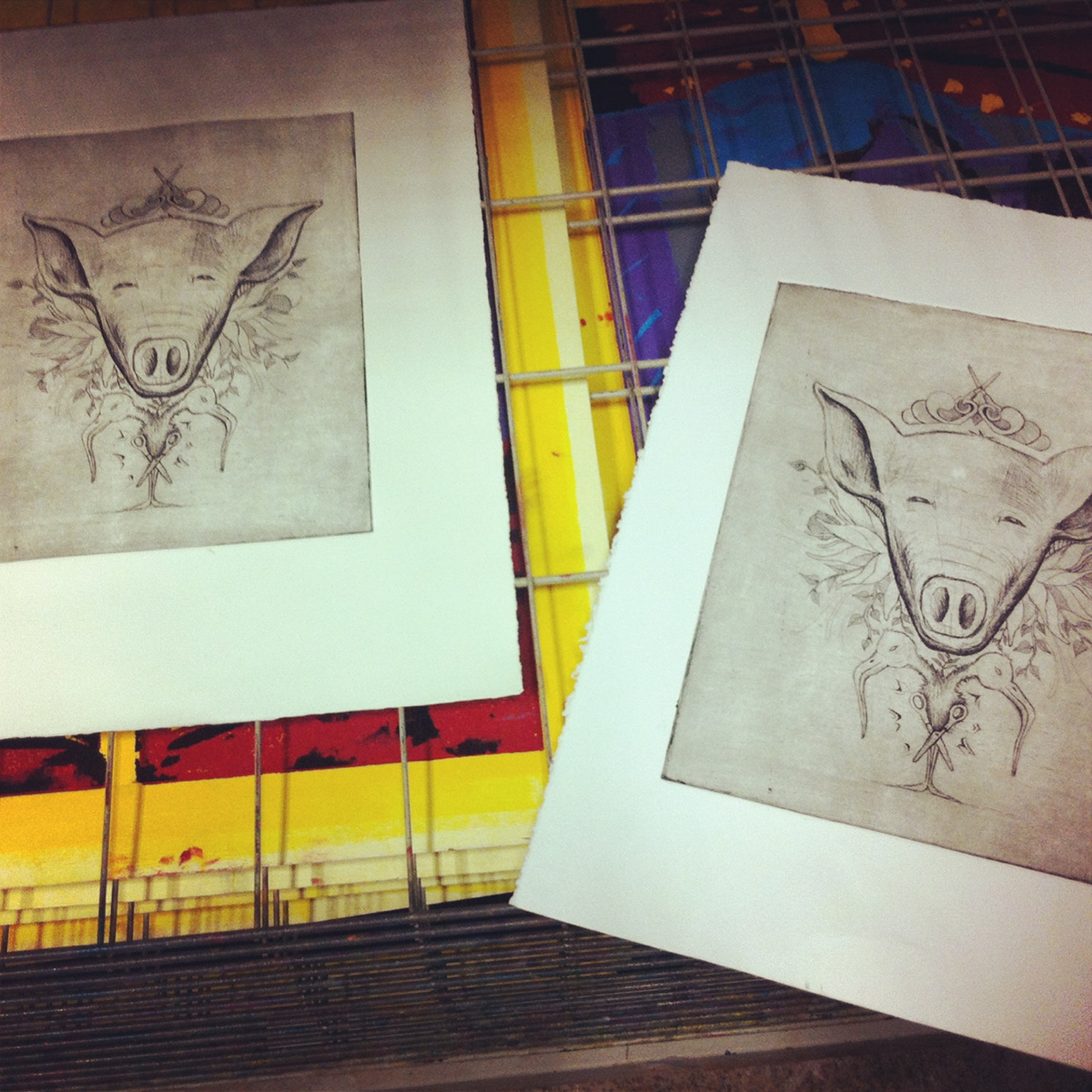print design  print making ILLUSTRATION  pig deer leaf canvas