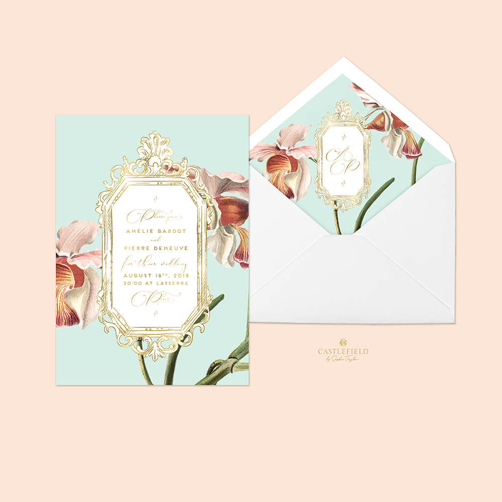 Tropical invitations envelope liners tropical invitations orchids French Paris parisian rococo baroque