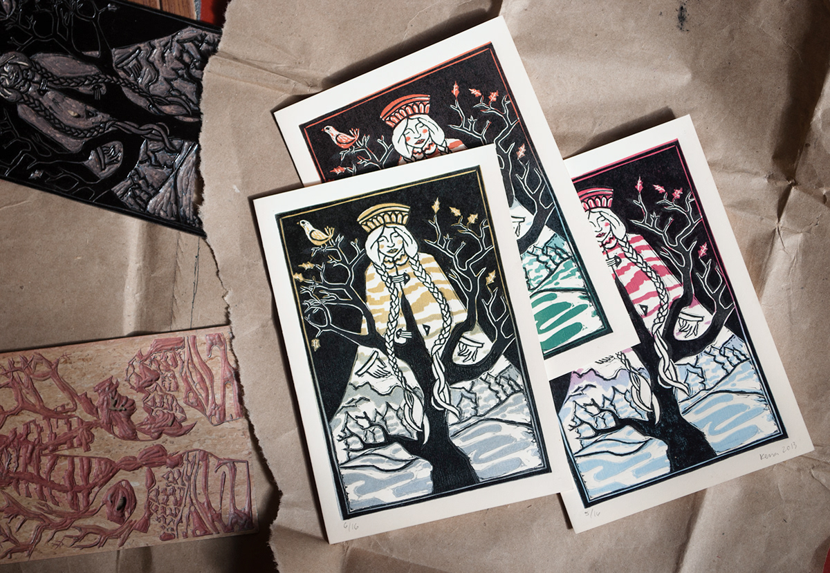 winter Christmas cards greetings girl snow trees Birs print printmaking linocut linoleum colors Slavic