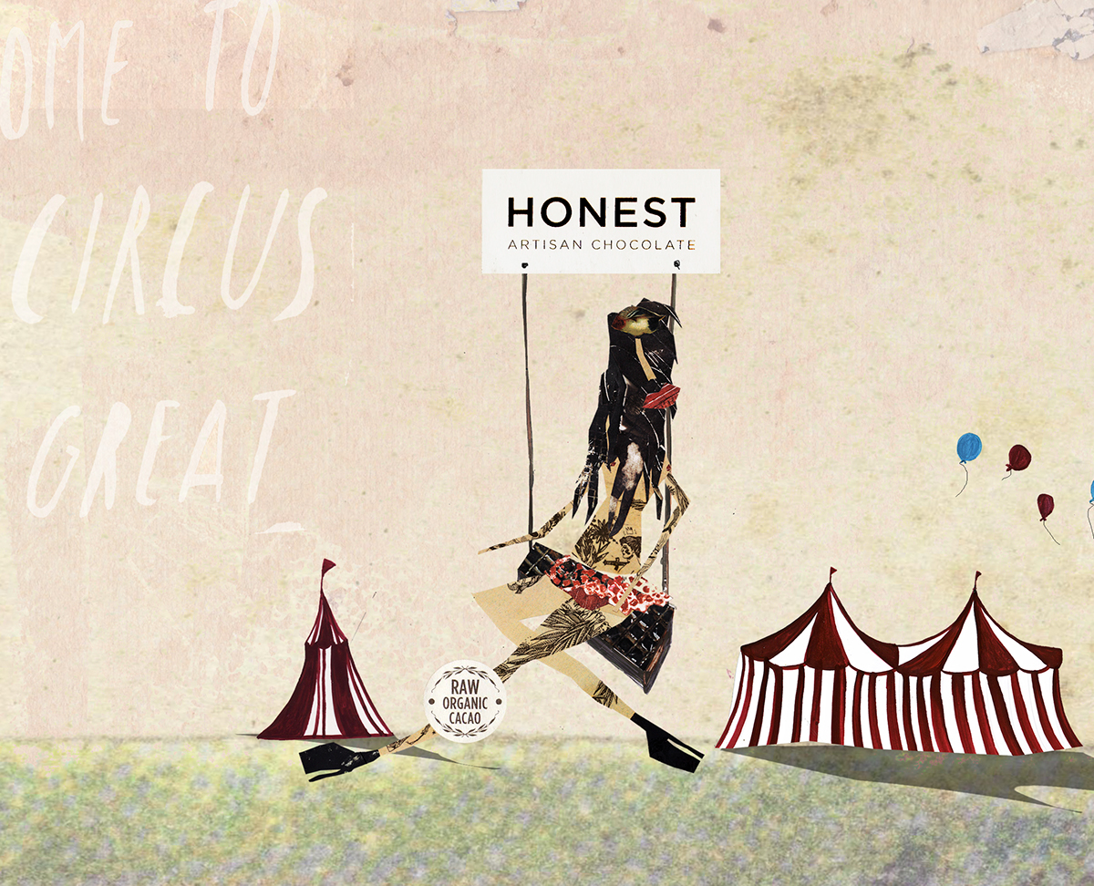 honest chocolate wrapper Circus freaks collage mixed media women