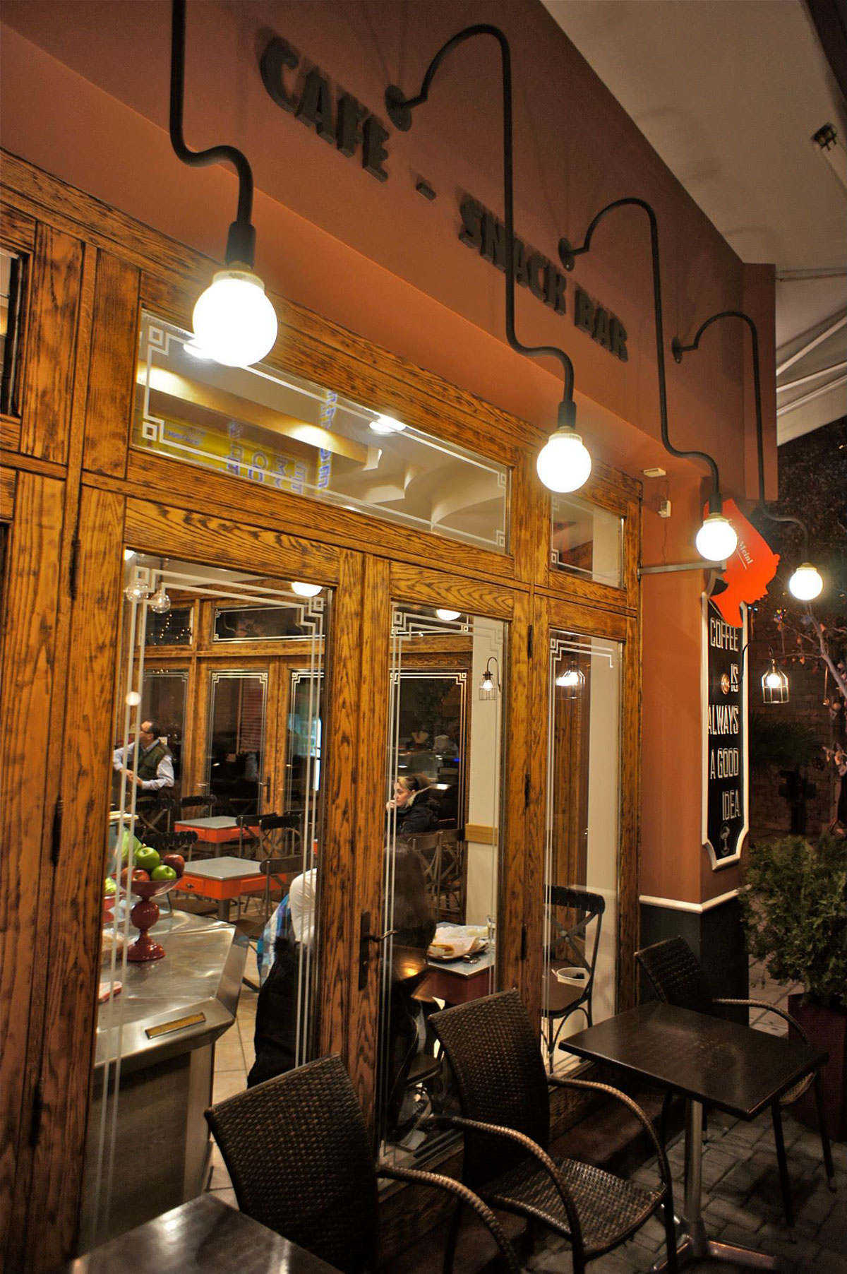 cafe bar design decoration restaurant bikas Greece manitari vintage wood blackboard bulb deco Food 