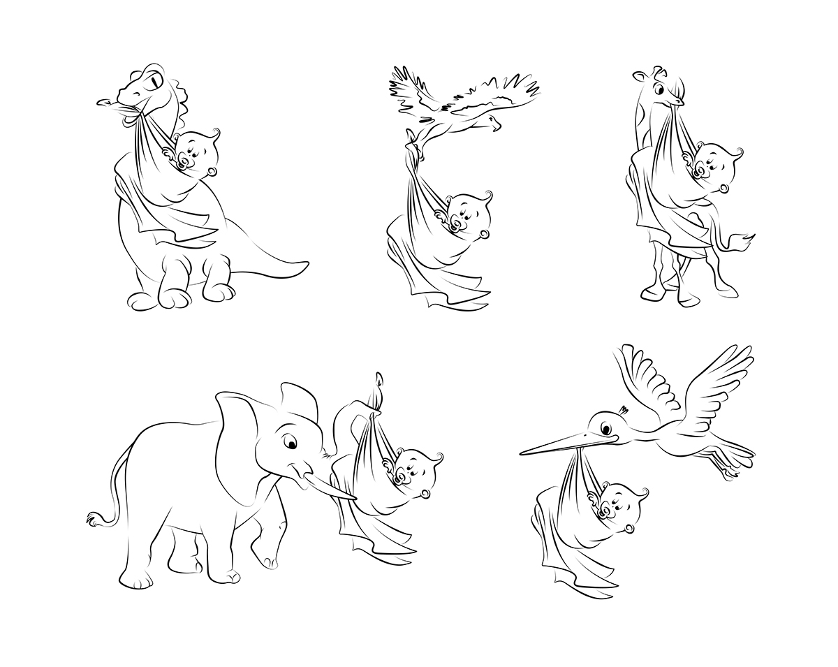 cute funny baby Born illustrations vector draw children happy stork