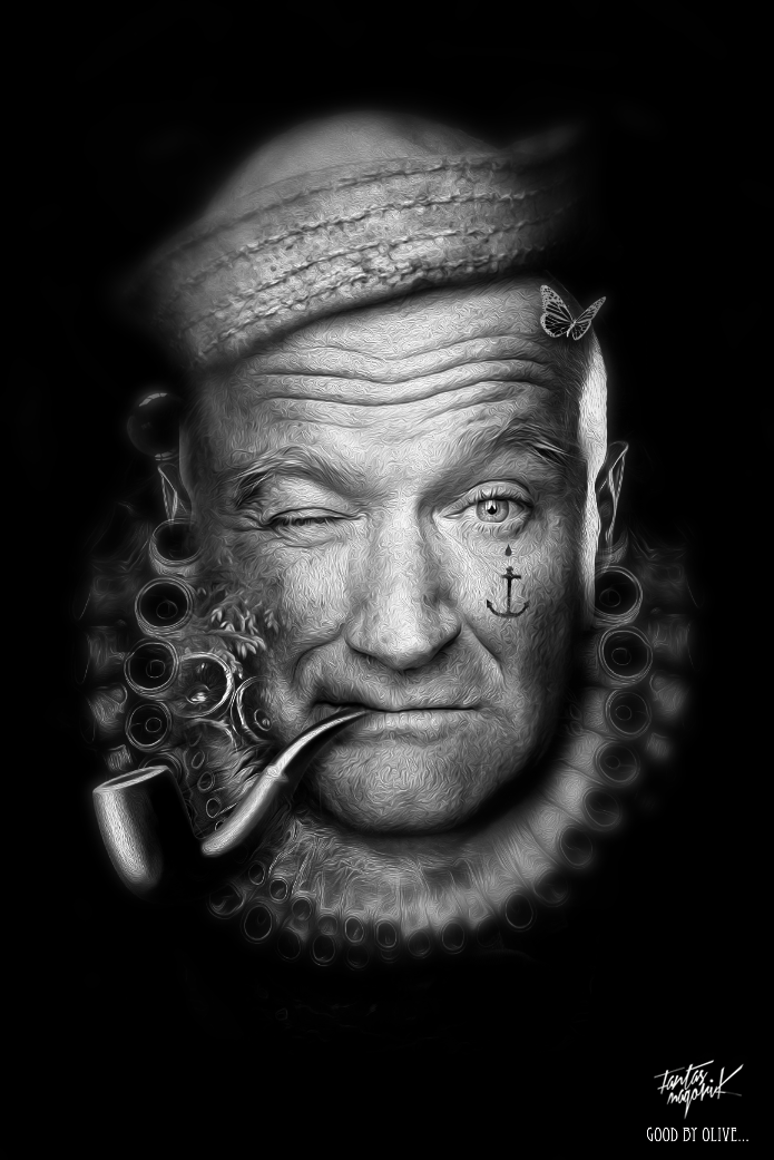 fantasmagorik nicolas obery Robin williams Popeye olive fantastique hommage actor star black White curious Cinema adobe photoshop