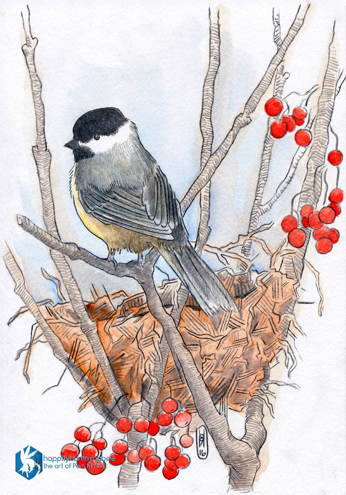 ILLUSTRATION  watercolor painting   animal chickadee bird card Mother's Day mother