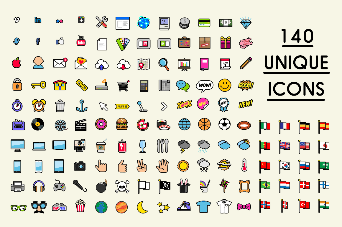 Icon set Pack comics Fun funny pop bold flat Emoji