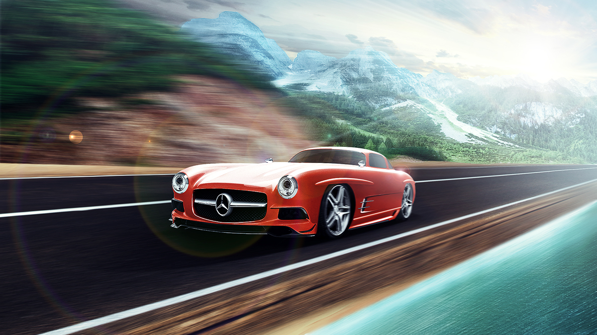 car Mercedes Benz tuning road Nature mountain road retouch collage design