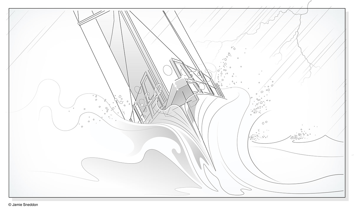 Storyboards sailing ILLUSTRATION  lineart rough seas storm clear weather underwater team building seminar