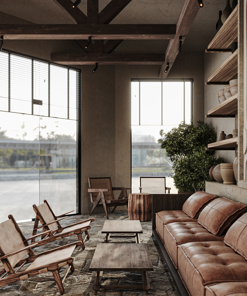 3ds max archviz cafe CGI corona interior design  Japandi interior Render visualization Wabi Sabi