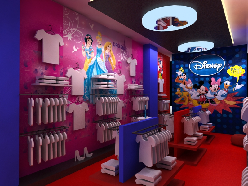 Retail Space design disney instore Princess mickey apparel shoes kids children cloths shop store displayunit pop
