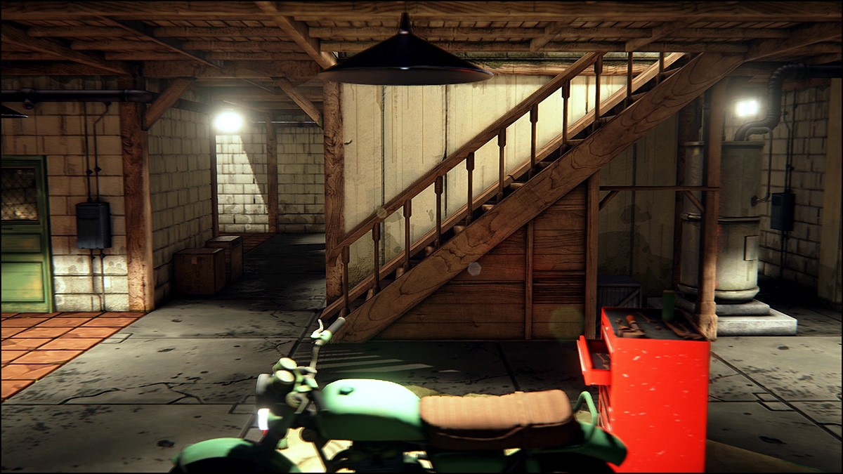 Unreal Engine 4 Epic Games virtual 3D art environment Artyom Vlaskin Level game garage motorcycle Mechanic design modelling texture
