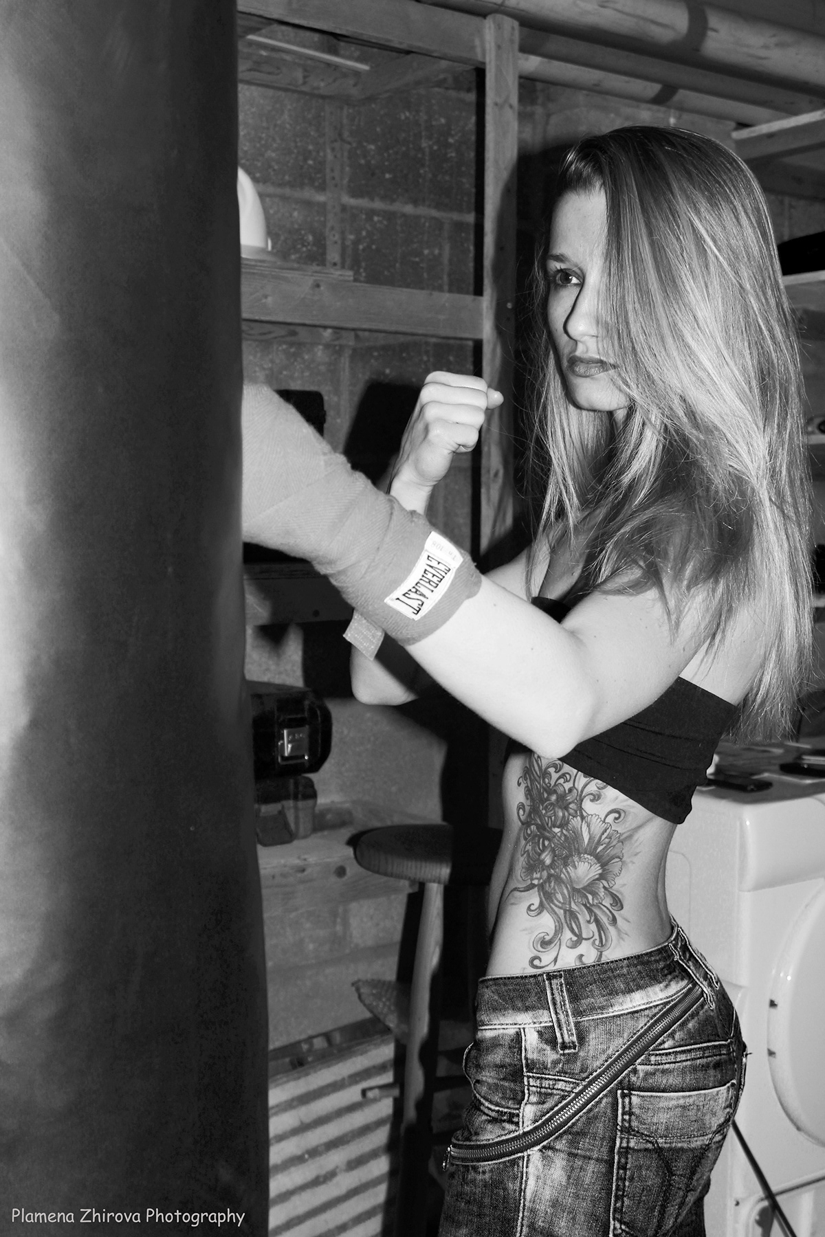 Boxing fight women black and white power Fighter sports London modelling garage