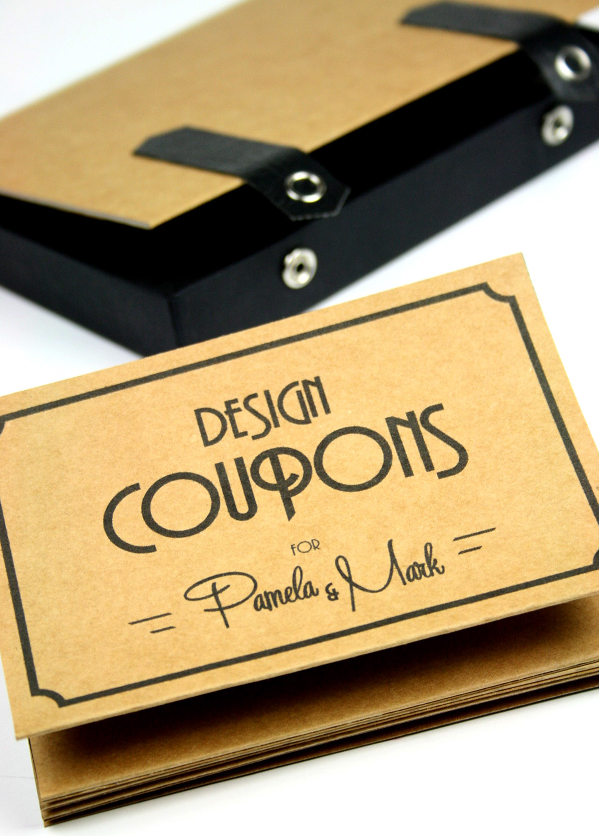 paper  gift box Engagment Coupons art deco kraft paper cardboard concertina fold leather strap 