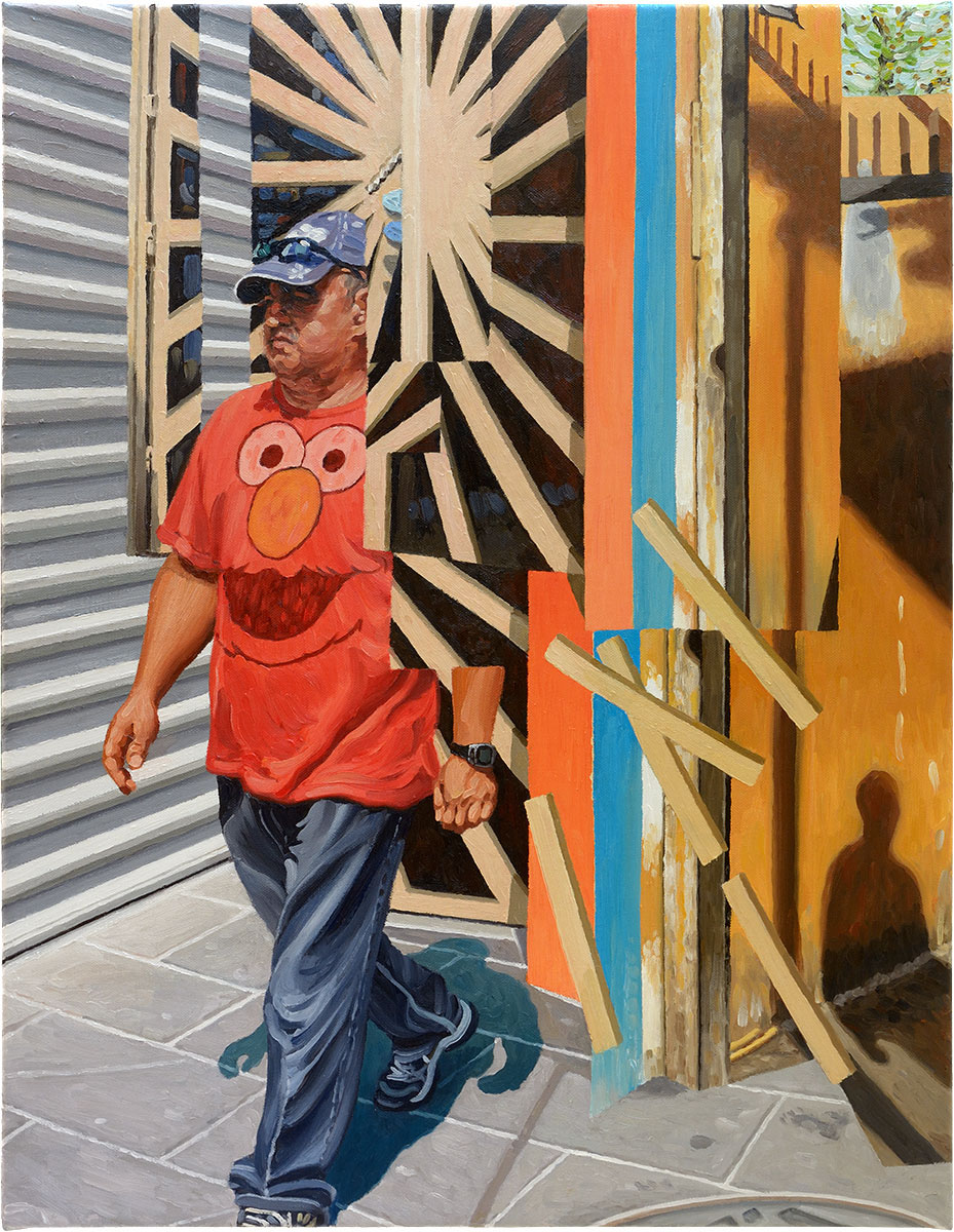 oilpainting collage Sun woodwork man walking elmo baseballcap red orange Sunrays shadow pavement shutters door