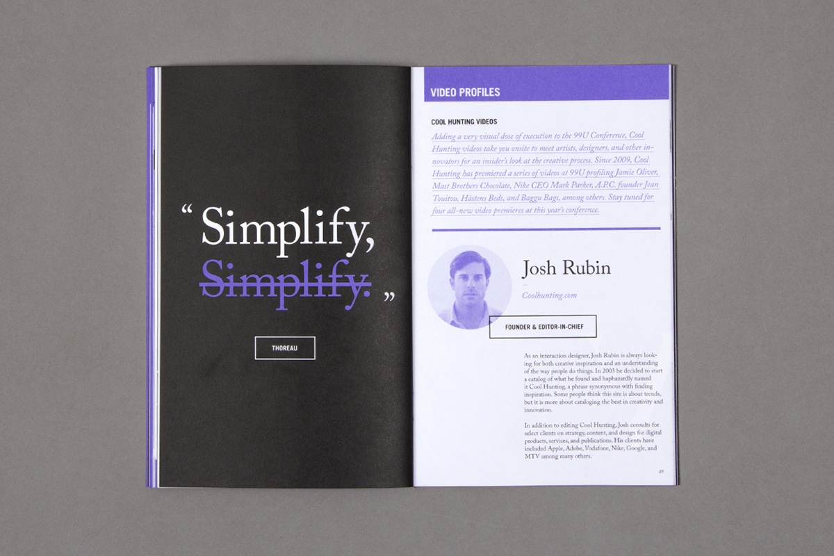 99U conference materials card sticker magazine simple badge brochure Program design Behance purple black modern