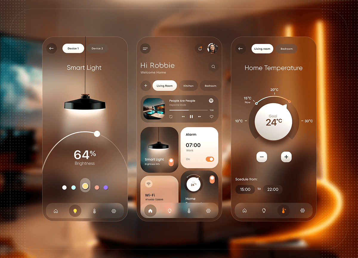 smartphone app animation  logo animation Lamp Music Player Mobile app glassmorphism skeuomorphism temperature controller