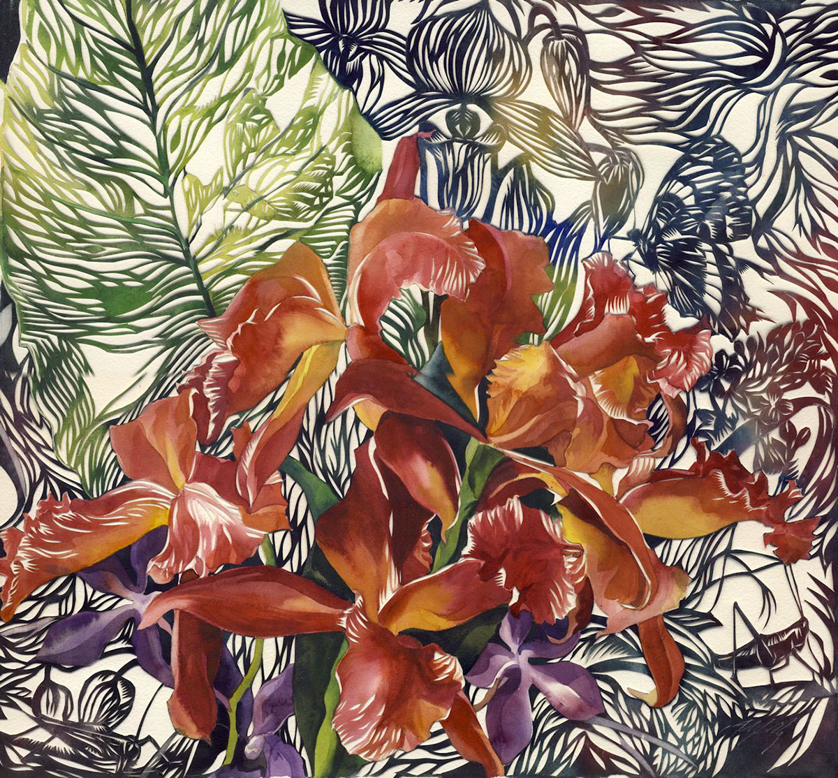 orchid watercolor paper cut Nature art