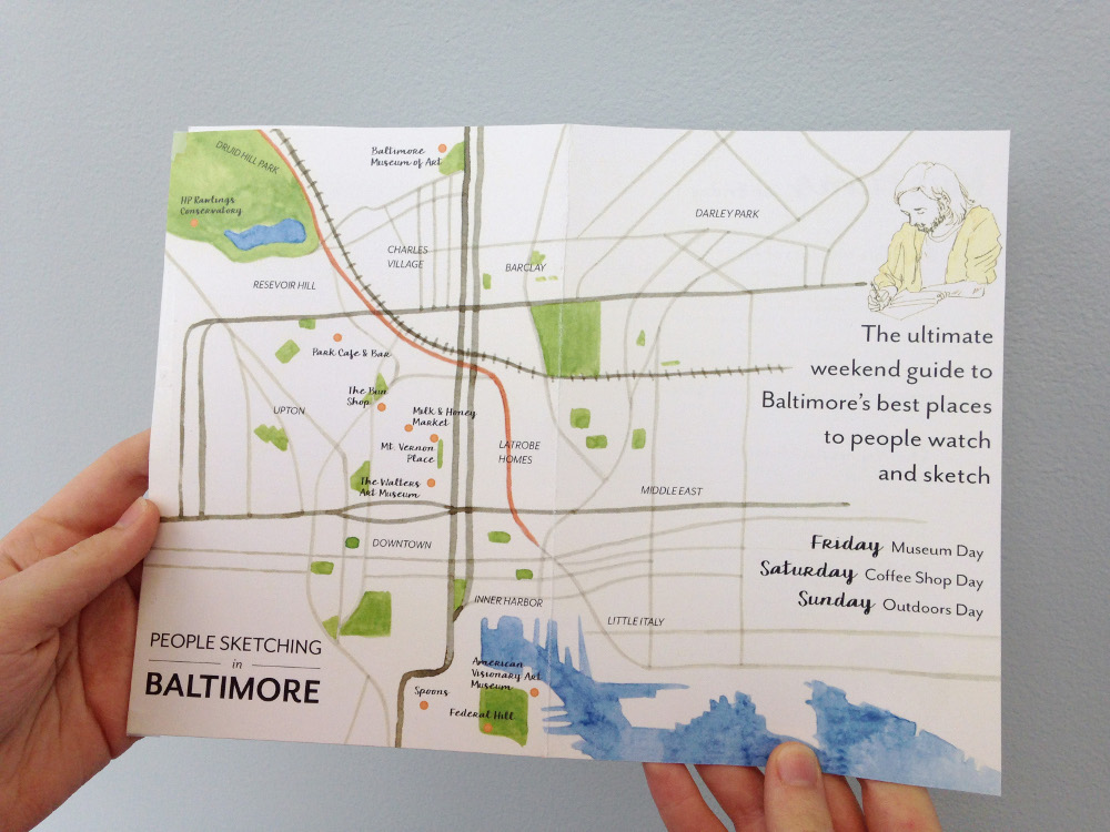 visual journalism brochure map watercolor sketch Baltimore