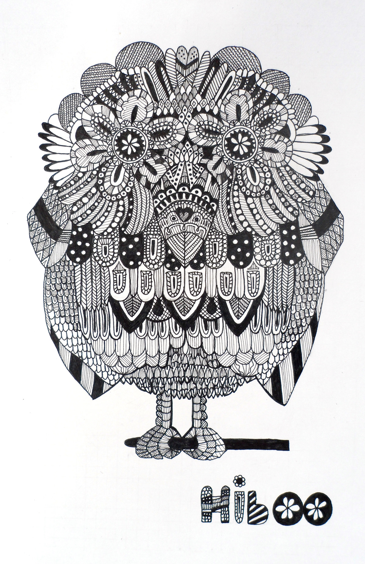 hibou owl trait noir blanc dessin illu