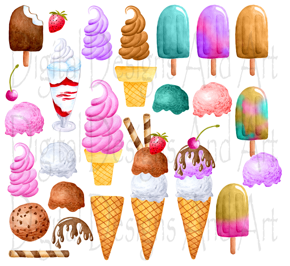 Watercolor clipart Icecream clipart Watercolor Drawing clipart digital pattern