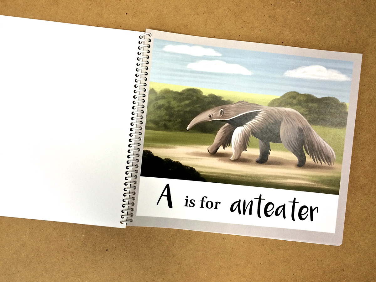 book vowels children's book illustration children's book digital painting anteater iguana elephant outdoors mouse Finch