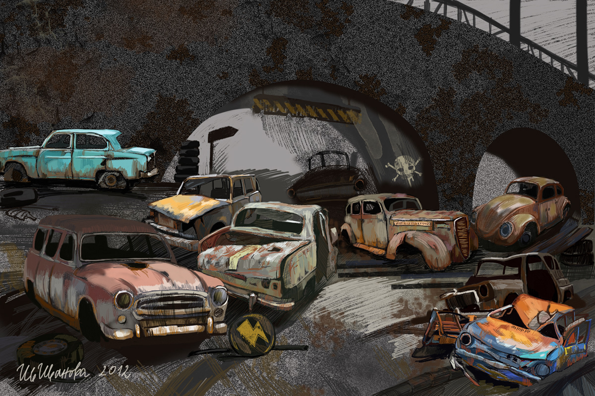 Dystopia dark city Cars Destroyed cars bridge