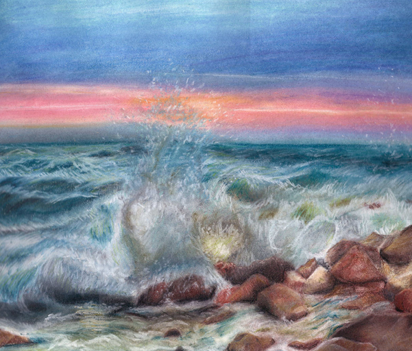 fine art art pastel pastel painting Landscape Ocean sunset TRADITIONAL ART traditional chalk chalk pastel waves rocks