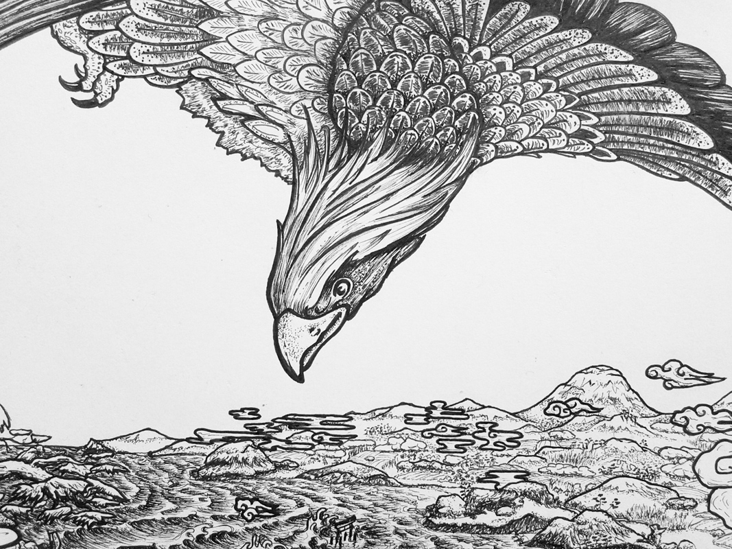 linedrawing japanese eagle Landscape penandink ukiyoe blackandwhite traditional hand-drawing Tattooart