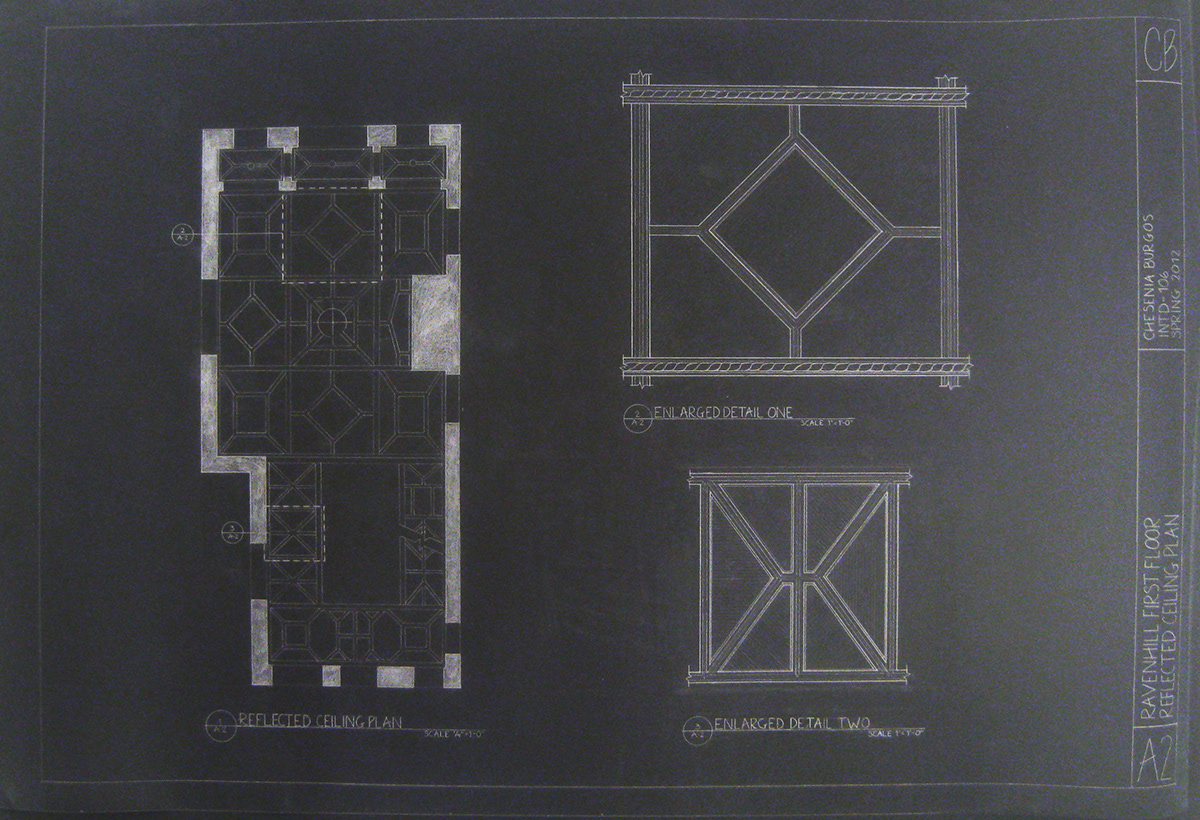 Interior design building sections detailing mansion philadelphia University hand drawing mylar sketch