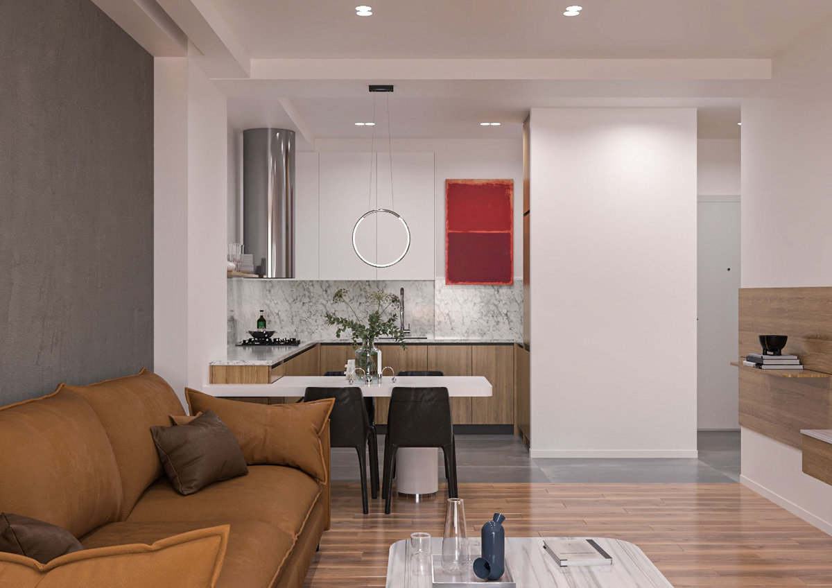 corona interior design  kitchen living room minimal modern Rothko visualization White wood