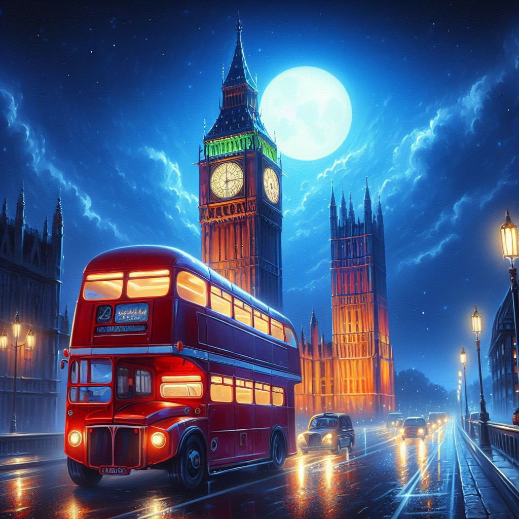 big ben clock tower London double decker full moon dramatic low angle