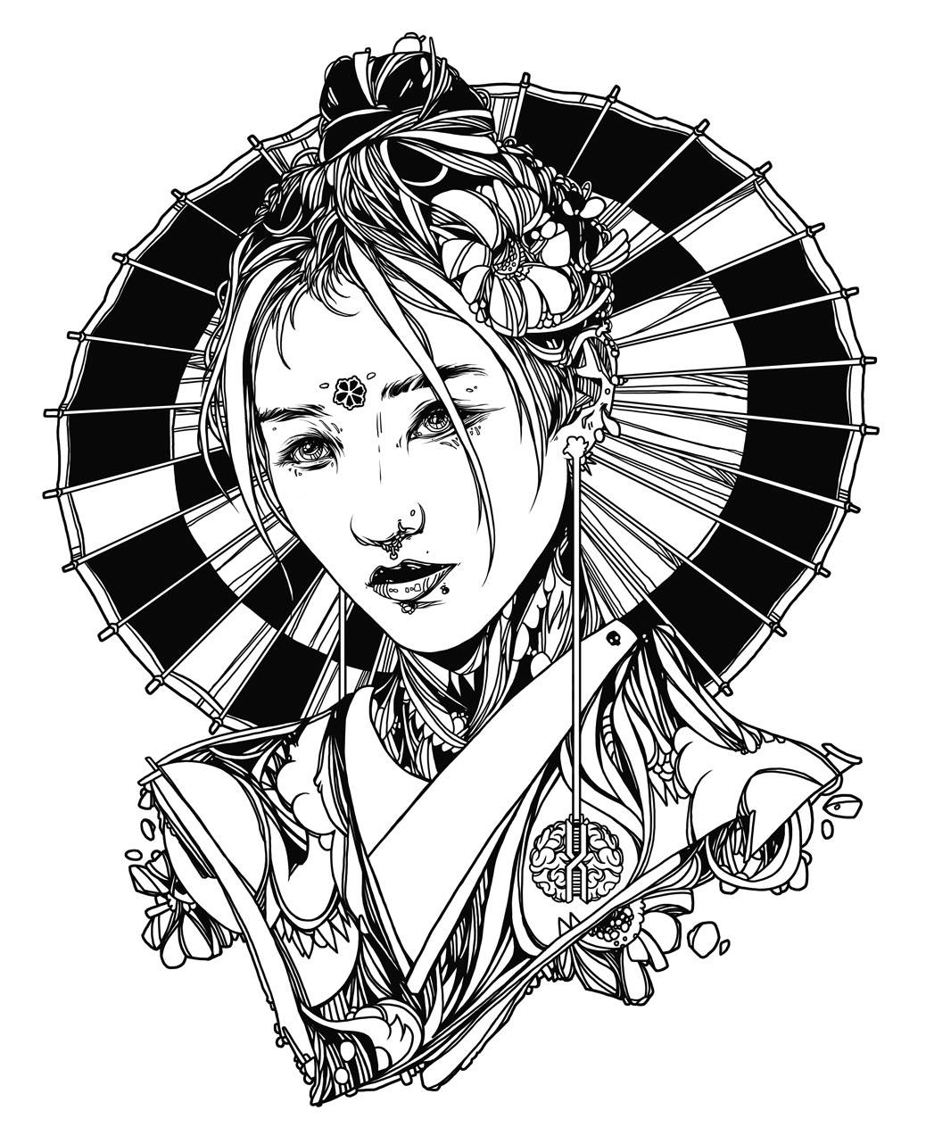 portrait girl black and white face geisha tattoo sketch conrado salinas  viobear   skull