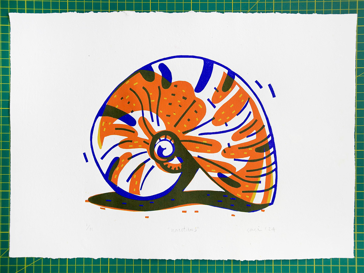 linocut linoleum Linoprint printmaking vibrant colors nautilus seashell marine life nautical handprinted