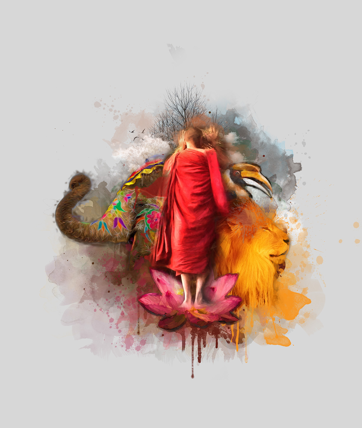 indian hues monk lion Lotus elephant