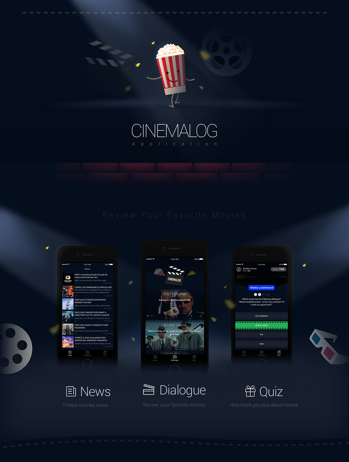Cinemalog UI/UX application dialogue Quiz Cinema News