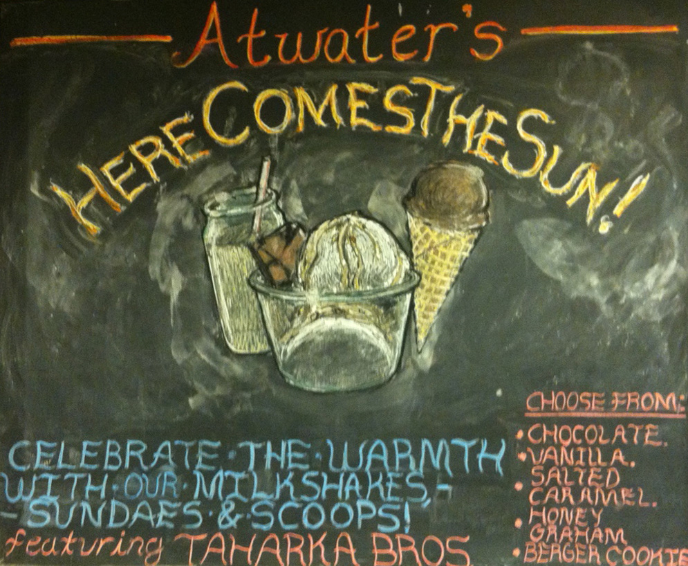 chalkboards chalk advertisement Atwaters pickles sandwich Chalk art caricature   burger forest Cheese cake Coffee menus Food 