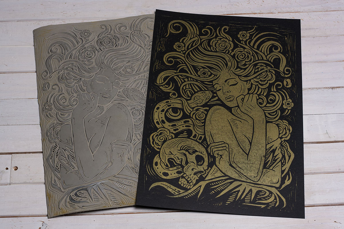 art design americana linocut Linoprint block print woodblock fairy tale sleeping beauty little briar rose