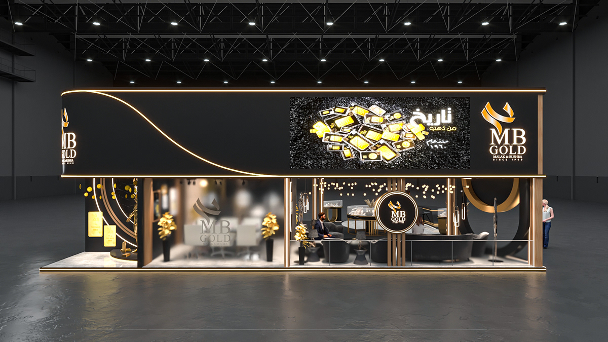 black and gold Exhibition  booth Exhibition Design  expo Stand 3D interior design  modern MB Gold