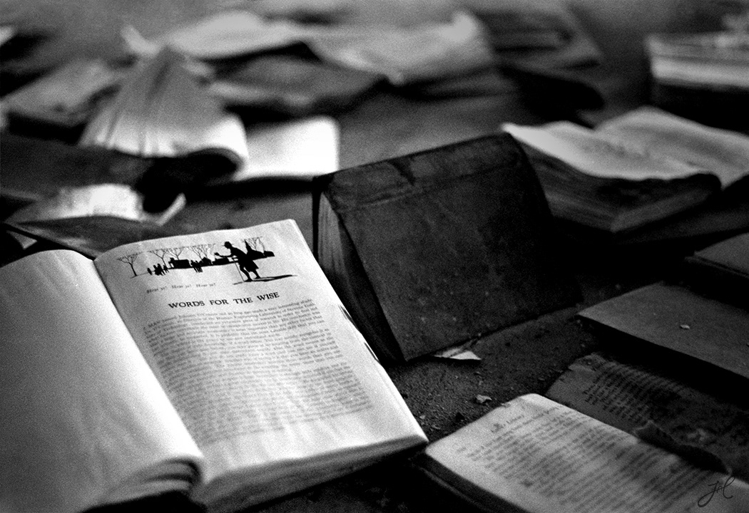 detroit Michigan Motor City abandoned forgotten neglect school books Wise Words Urban Decay urban exploration urbex black and white 35mm scanned